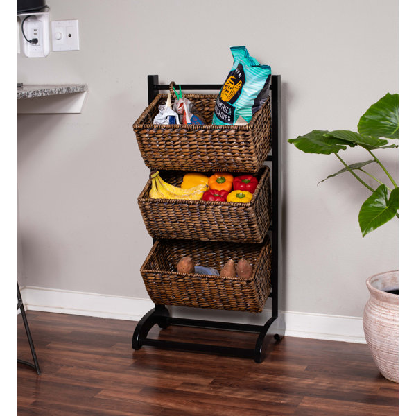 Wood 3 Tier Shelf With 3 Rattan Baskets, Combo Rattan Basket And Shelf, Classic hot Storage Basket